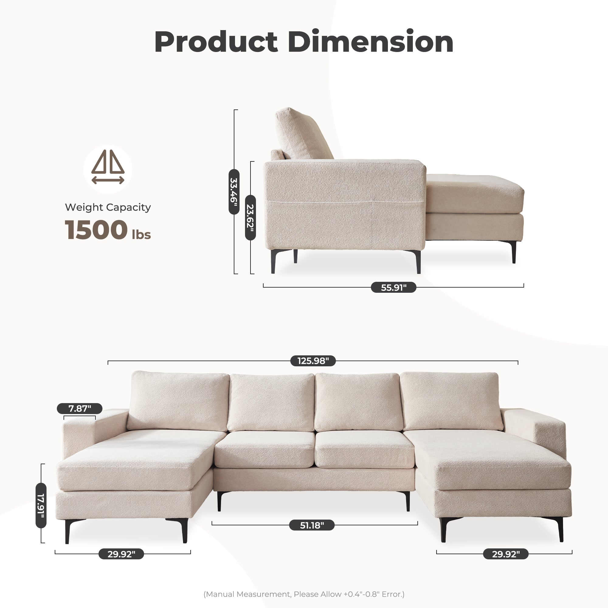 126" Elegant Cloud Velvet U-Shaped Sofa with Double Chaise