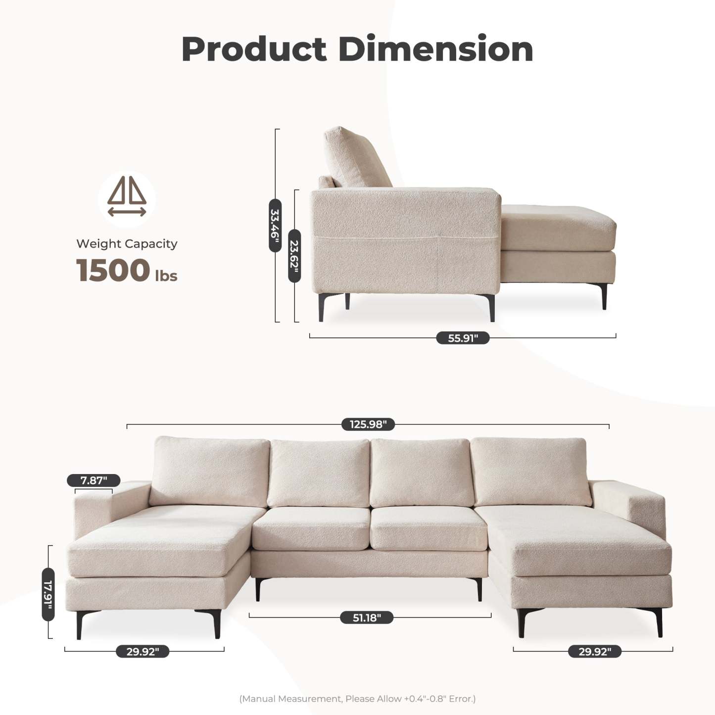 126" Elegant Cloud Velvet U-Shaped Sofa with Double Chaise