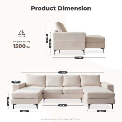 126" Elegant Cloud Velvet U-Shaped Sofa with Double Chaise