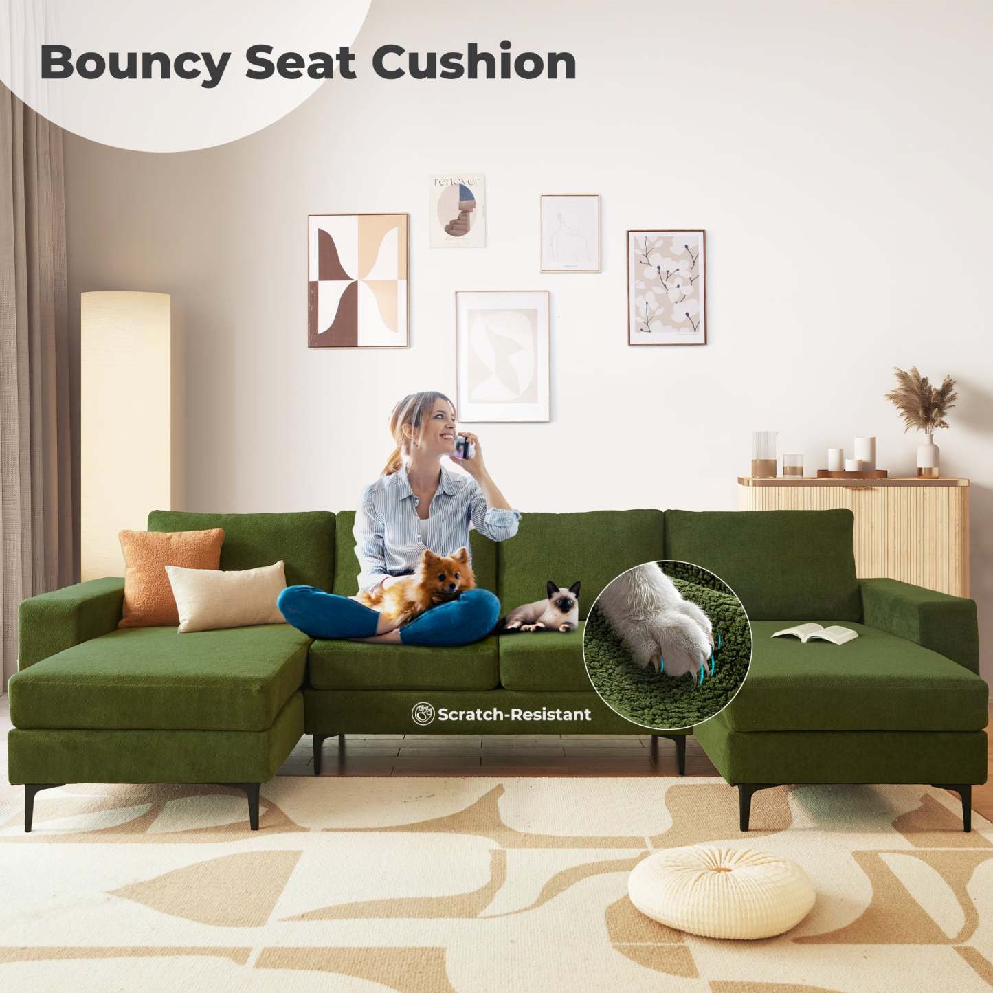126" Elegant Cloud Velvet U-Shaped Sofa with Double Chaise