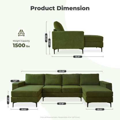126" Elegant Cloud Velvet U-Shaped Sofa with Double Chaise
