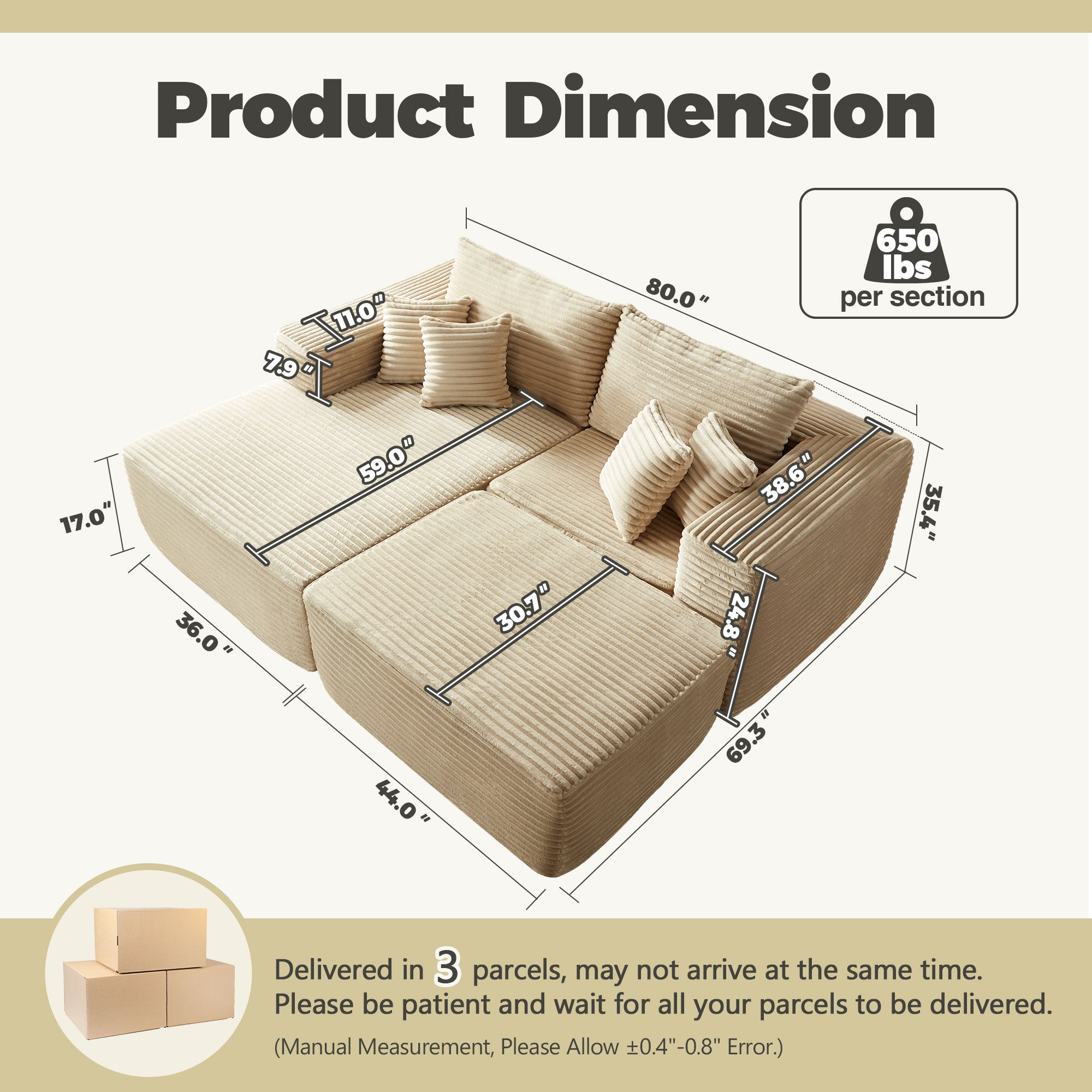80"Modular Couch with Chaise&Ottoman, Sleeper Sofa, No Assembly Required