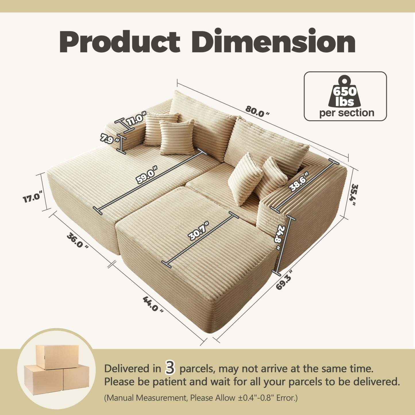 80"Modular Couch with Chaise&Ottoman, Sleeper Sofa, No Assembly Required