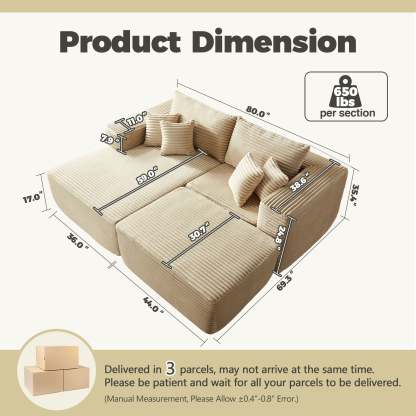 80"Modular Couch with Chaise&Ottoman, Sleeper Sofa, No Assembly Required