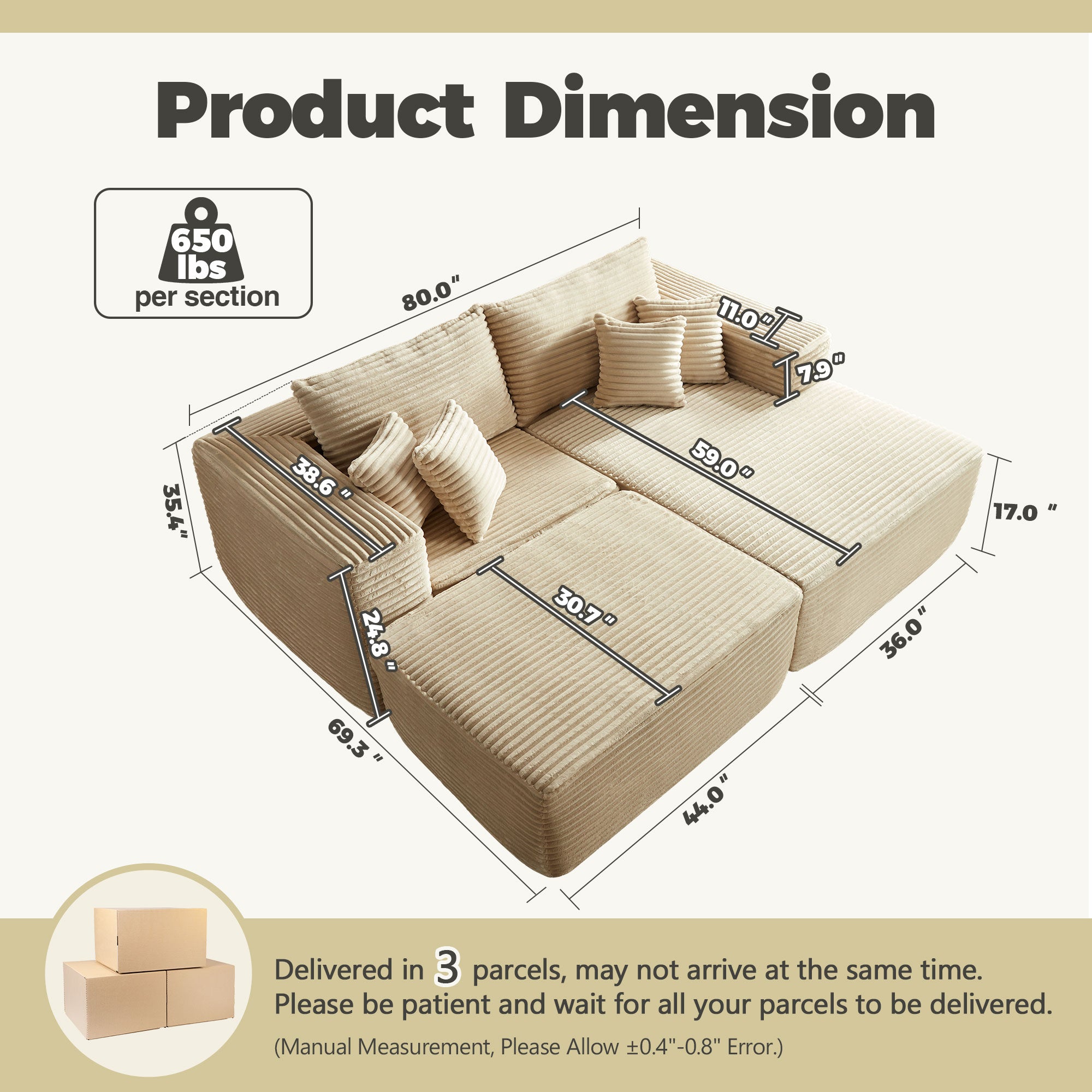80"Modular Couch with Chaise&Ottoman, Sleeper Sofa, No Assembly Required