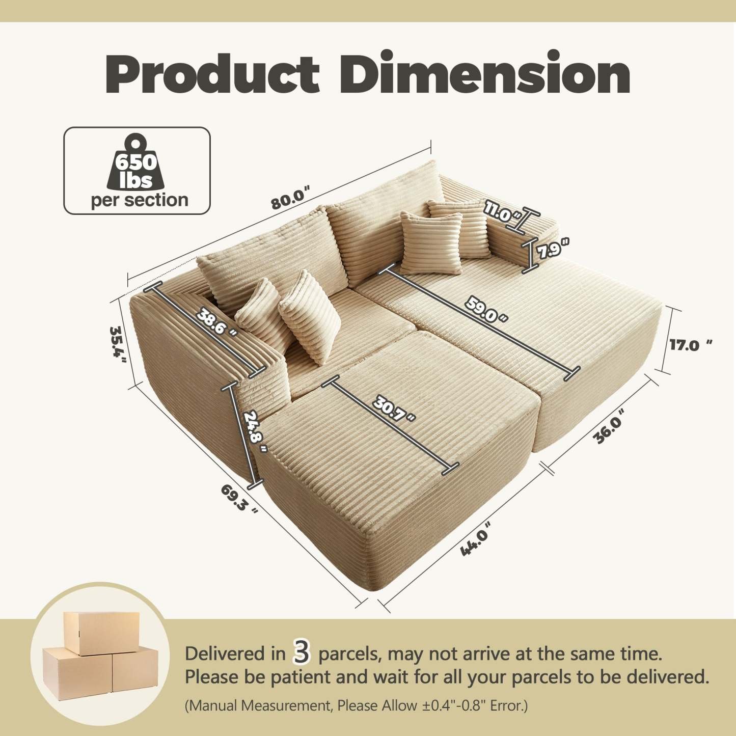 80"Modular Couch with Chaise&Ottoman, Sleeper Sofa, No Assembly Required