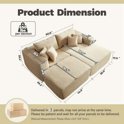 80"Modular Couch with Chaise&Ottoman, Sleeper Sofa, No Assembly Required