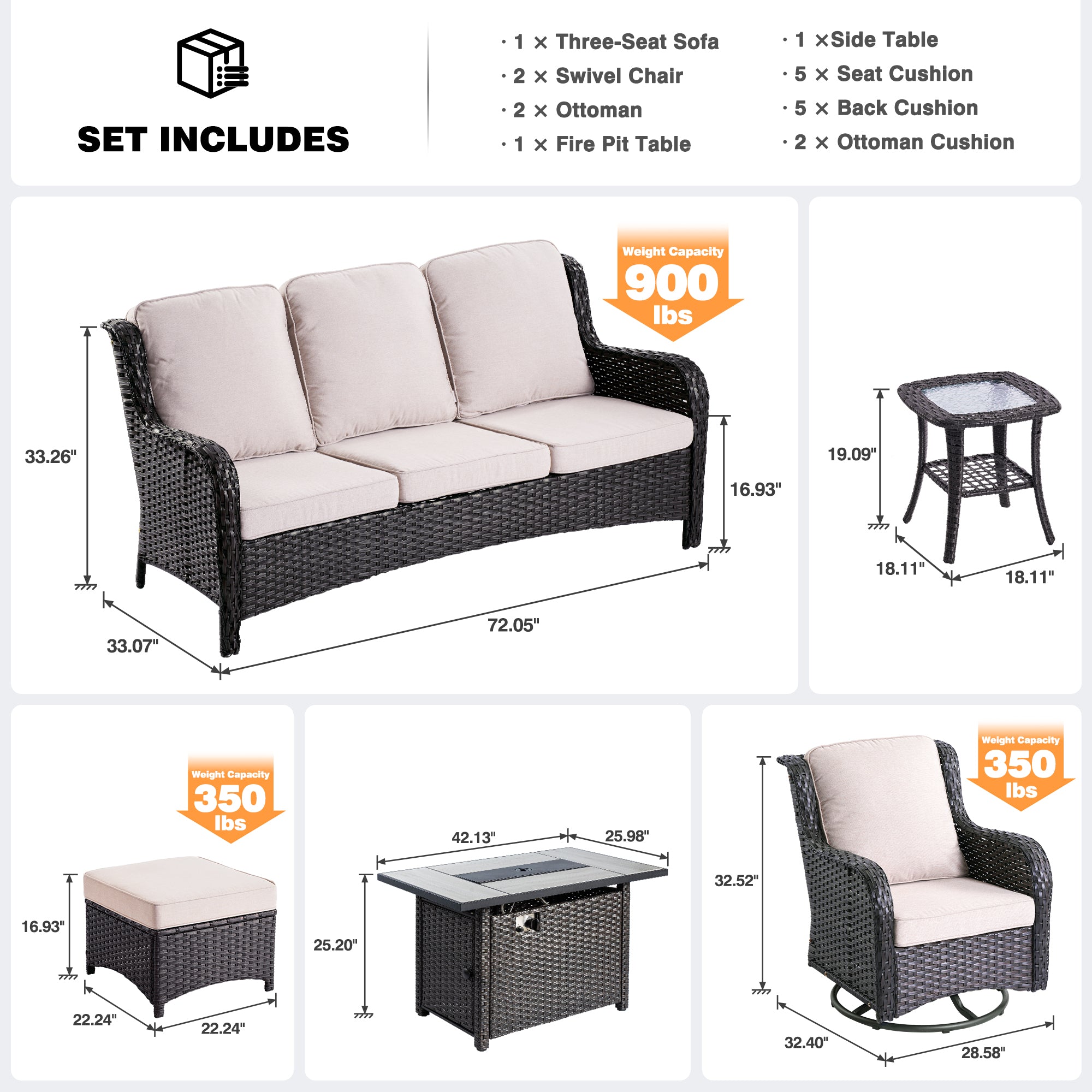 Patio 7-Piece Conversation Set with 42'' Rectangle Propane Fire Pit Table and Rocking Chairs Kenard