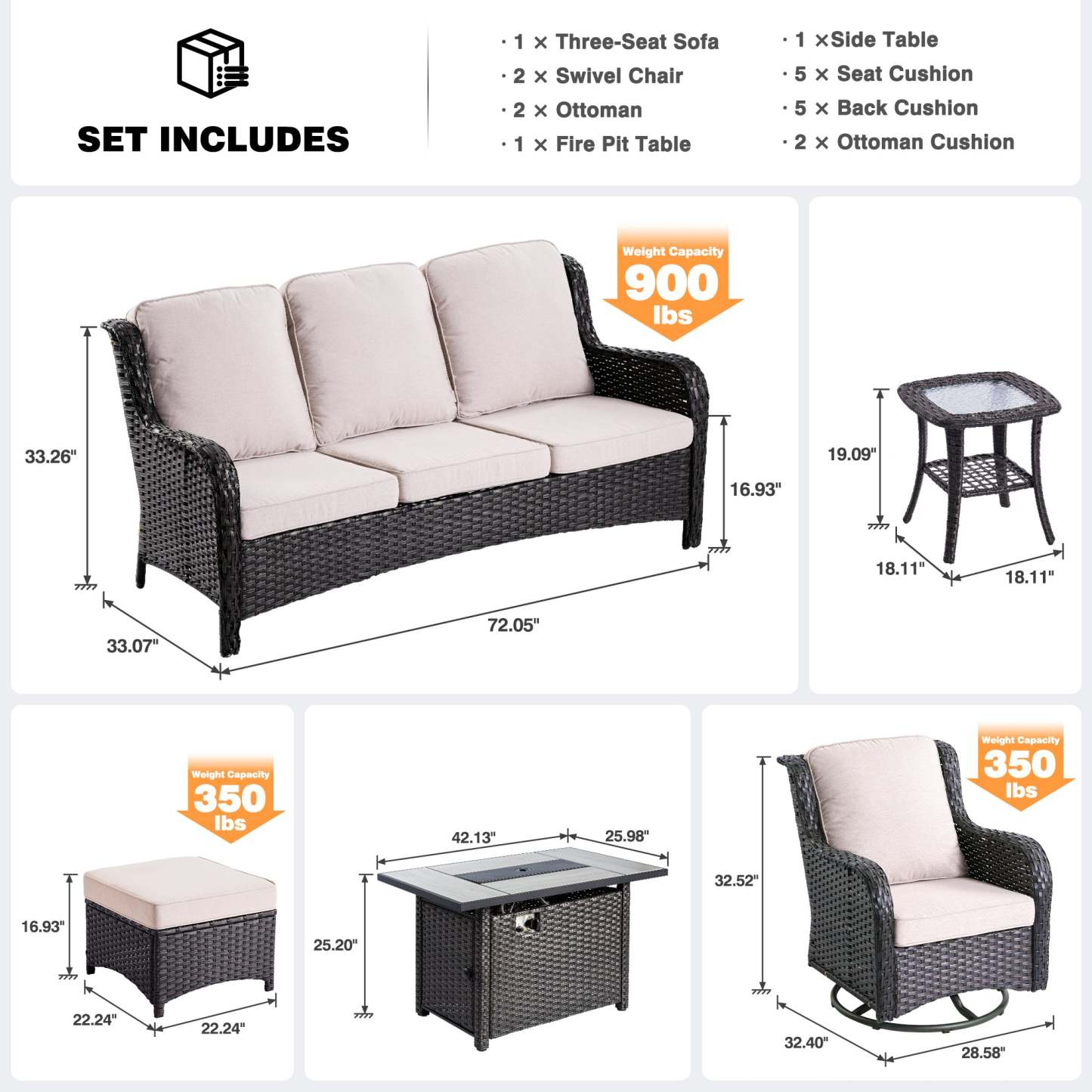 Patio 7-Piece Conversation Set with 42'' Rectangle Propane Fire Pit Table and Rocking Chairs Kenard
