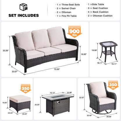 Patio 7-Piece Conversation Set with 42'' Rectangle Propane Fire Pit Table and Rocking Chairs Kenard