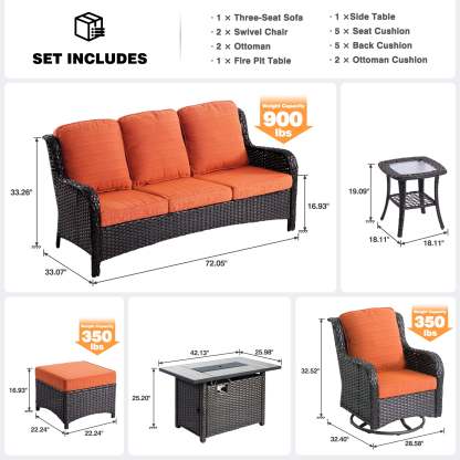 Patio 7-Piece Conversation Set with 42'' Rectangle Propane Fire Pit Table and Rocking Chairs Kenard
