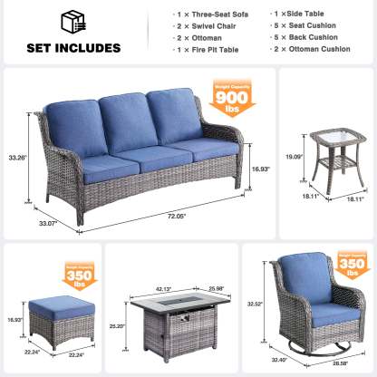 Patio 7-Piece Conversation Set with 42'' Rectangle Propane Fire Pit Table and Rocking Chairs Kenard