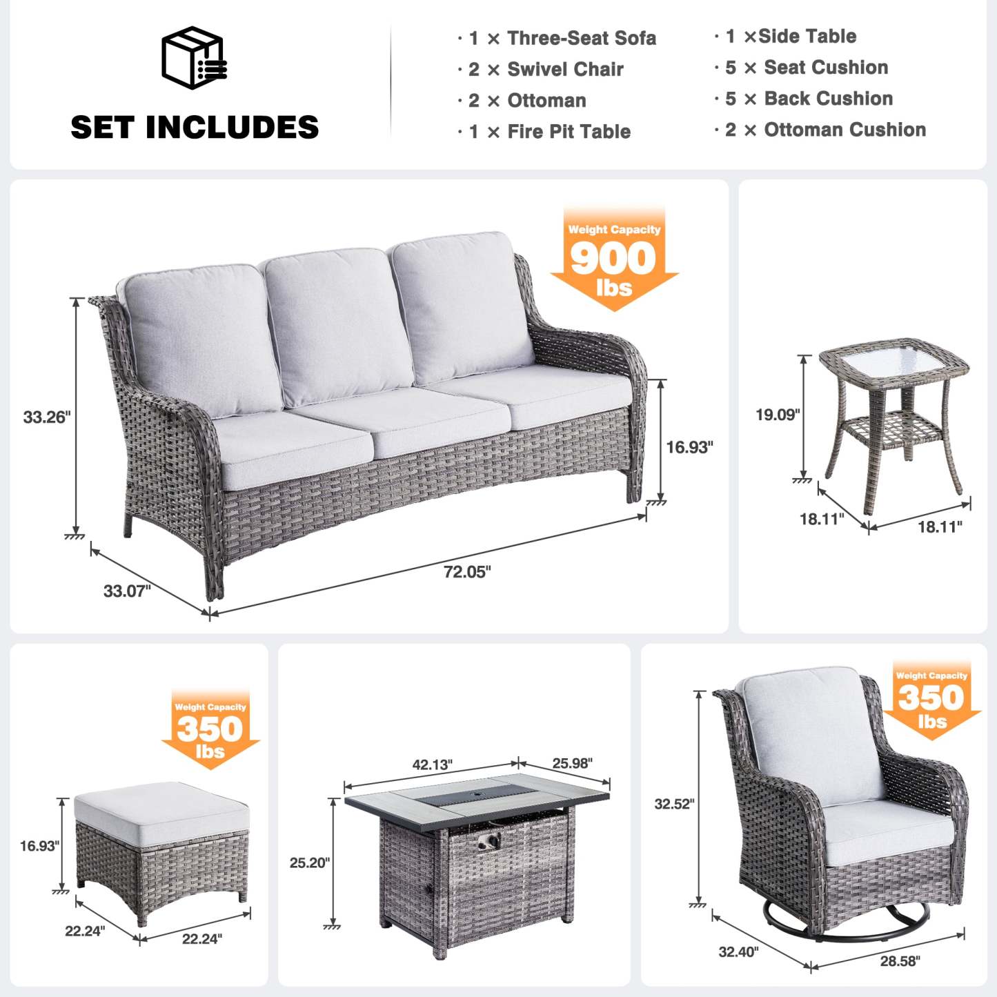 Patio 7-Piece Conversation Set with 42'' Rectangle Propane Fire Pit Table and Rocking Chairs Kenard
