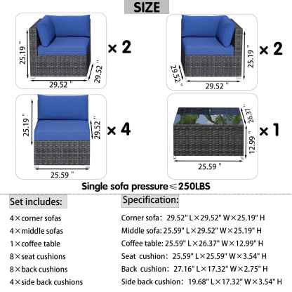 Outdoor Sectional Furniture 9-Piece with Cushions and Table