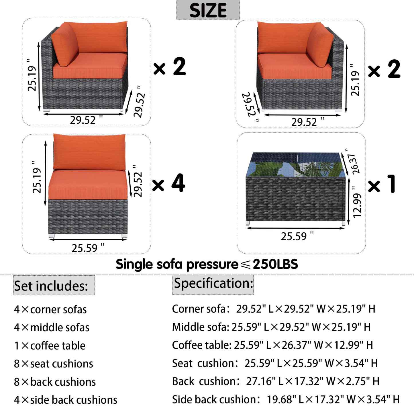 Outdoor Sectional Furniture 9-Piece with Cushions and Table
