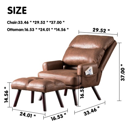 Living Room Accent Chair with Ottoman, 6 Angles Adjustable