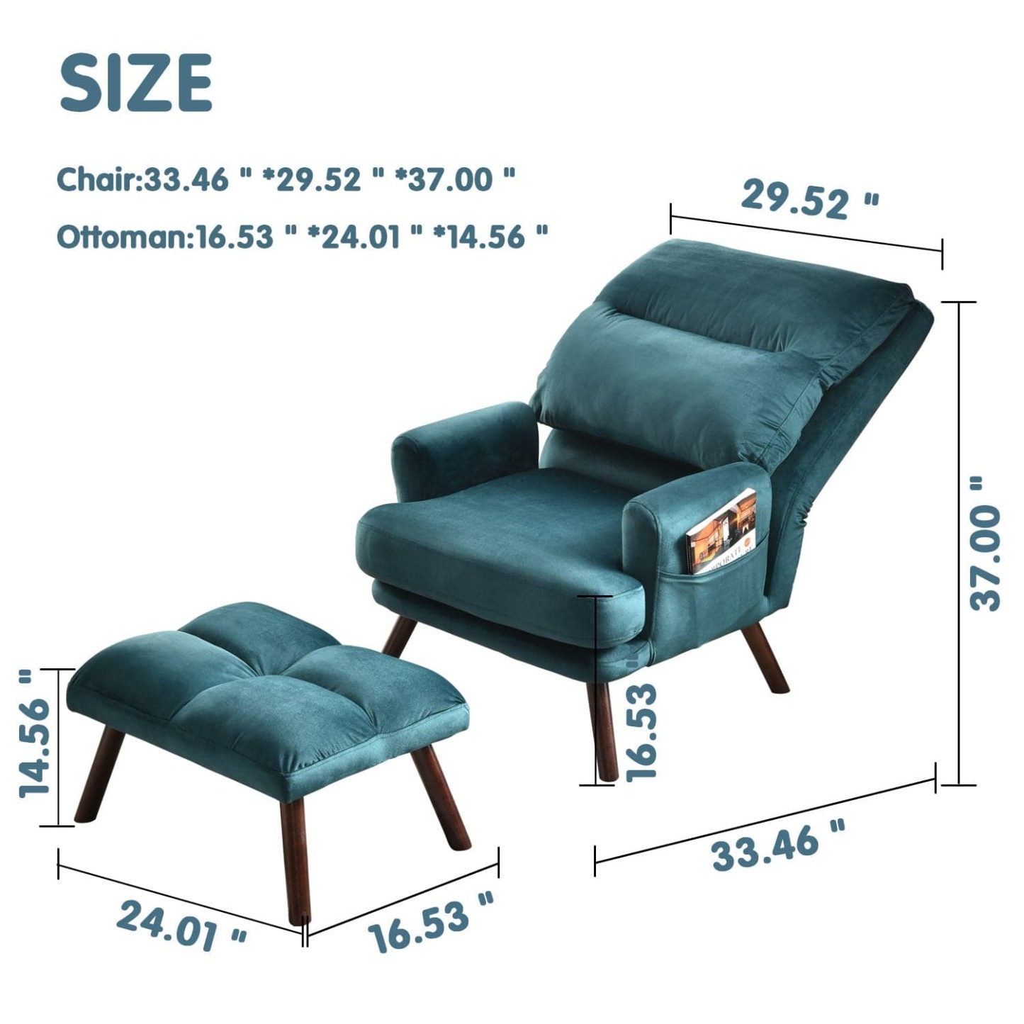 Living Room Accent Chair with Ottoman, 6 Angles Adjustable