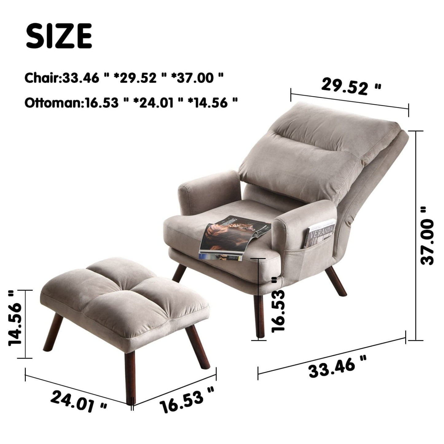Living Room Accent Chair with Ottoman, 6 Angles Adjustable