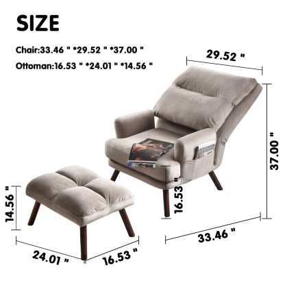 Living Room Accent Chair with Ottoman, 6 Angles Adjustable