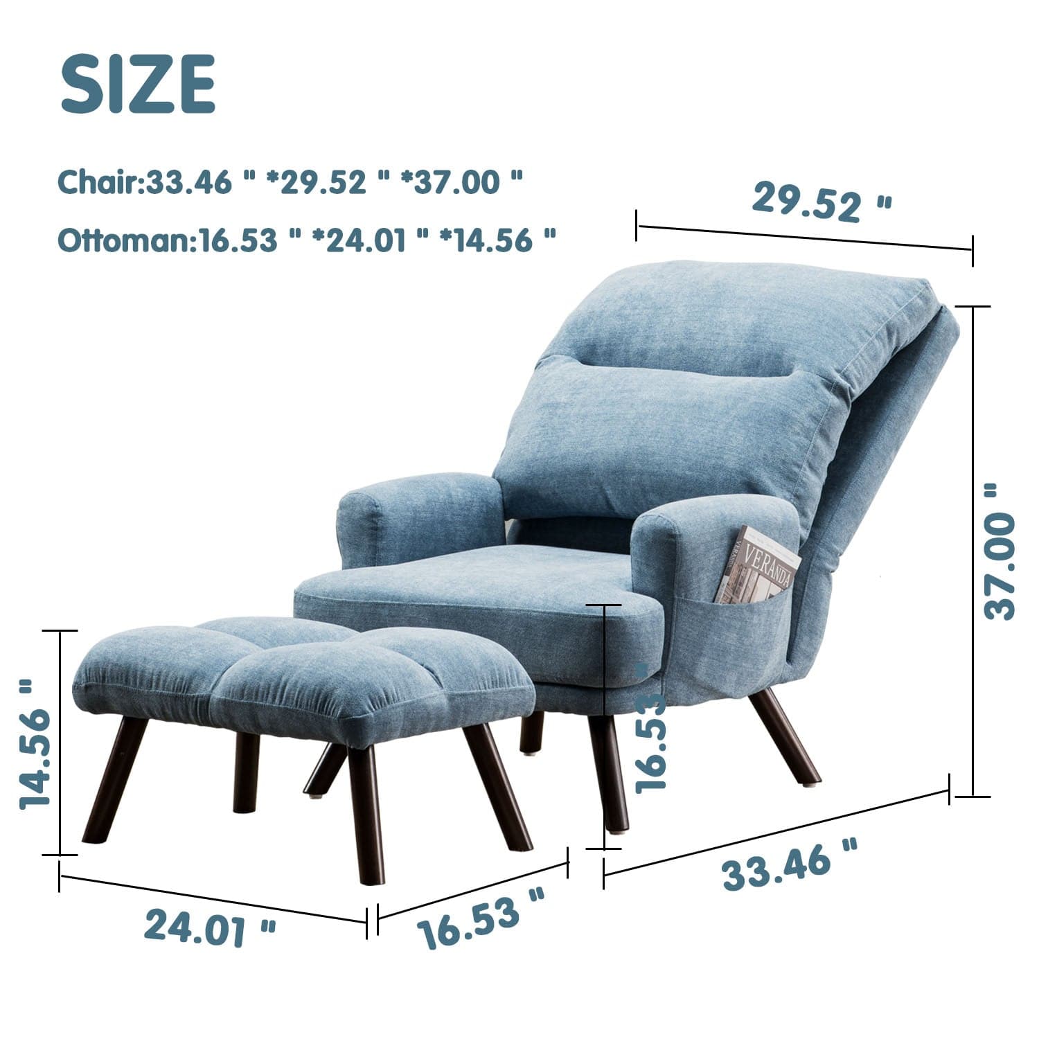 Living Room Accent Chair with Ottoman, 6 Angles Adjustable