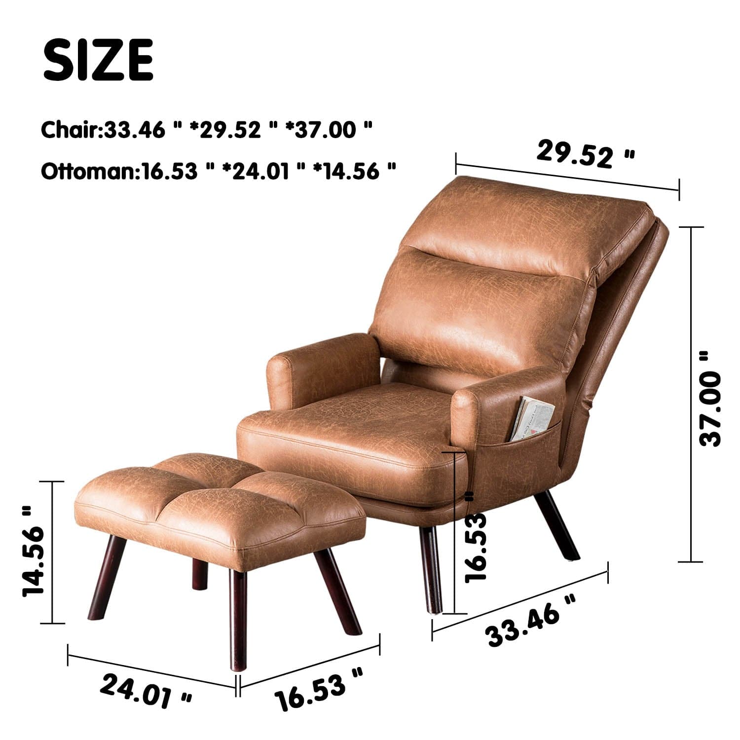 Living Room Accent Chair with Ottoman, 6 Angles Adjustable