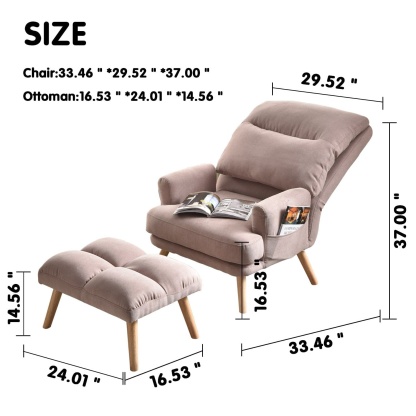 Living Room Accent Chair with Ottoman, 6 Angles Adjustable