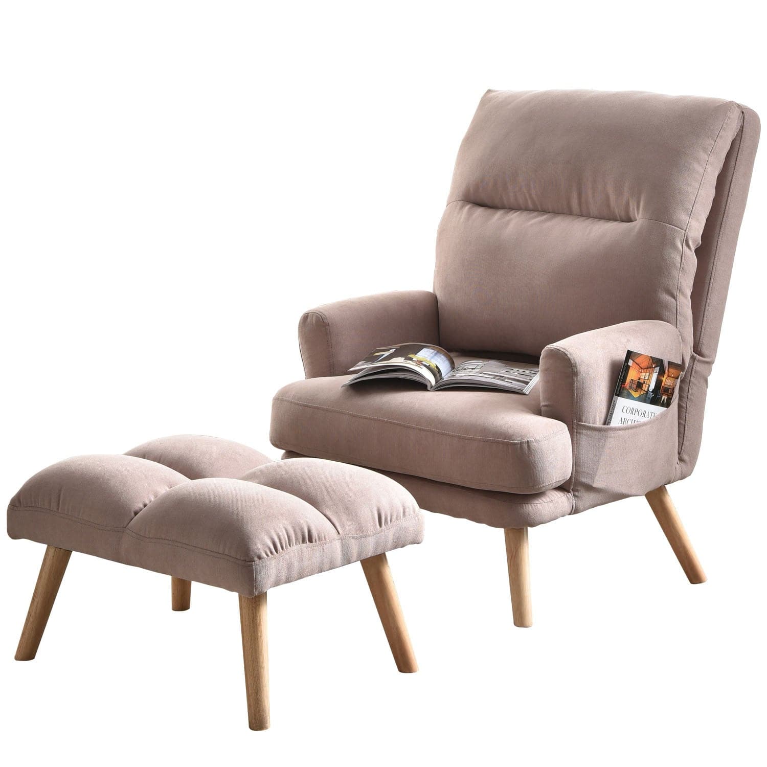 Living Room Accent Chair with Ottoman, 6 Angles Adjustable