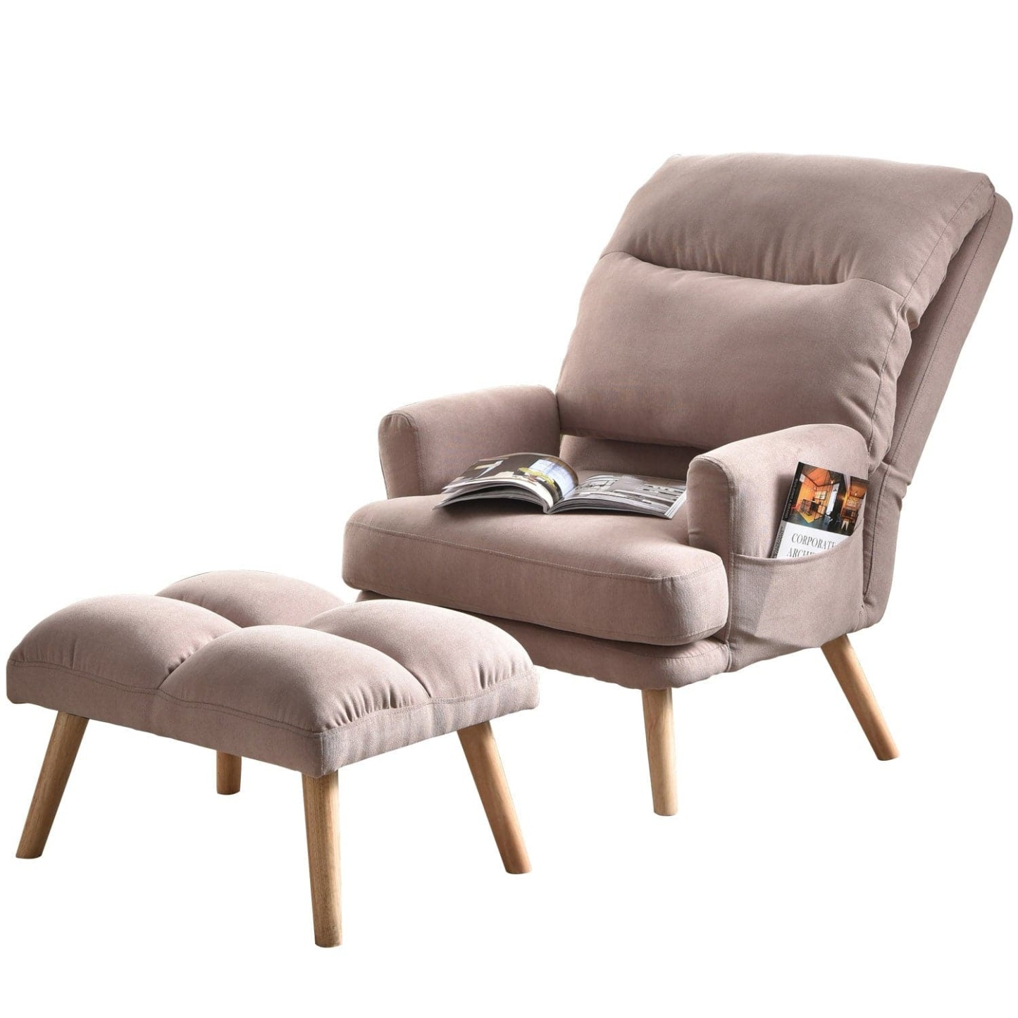 Living Room Accent Chair with Ottoman, 6 Angles Adjustable