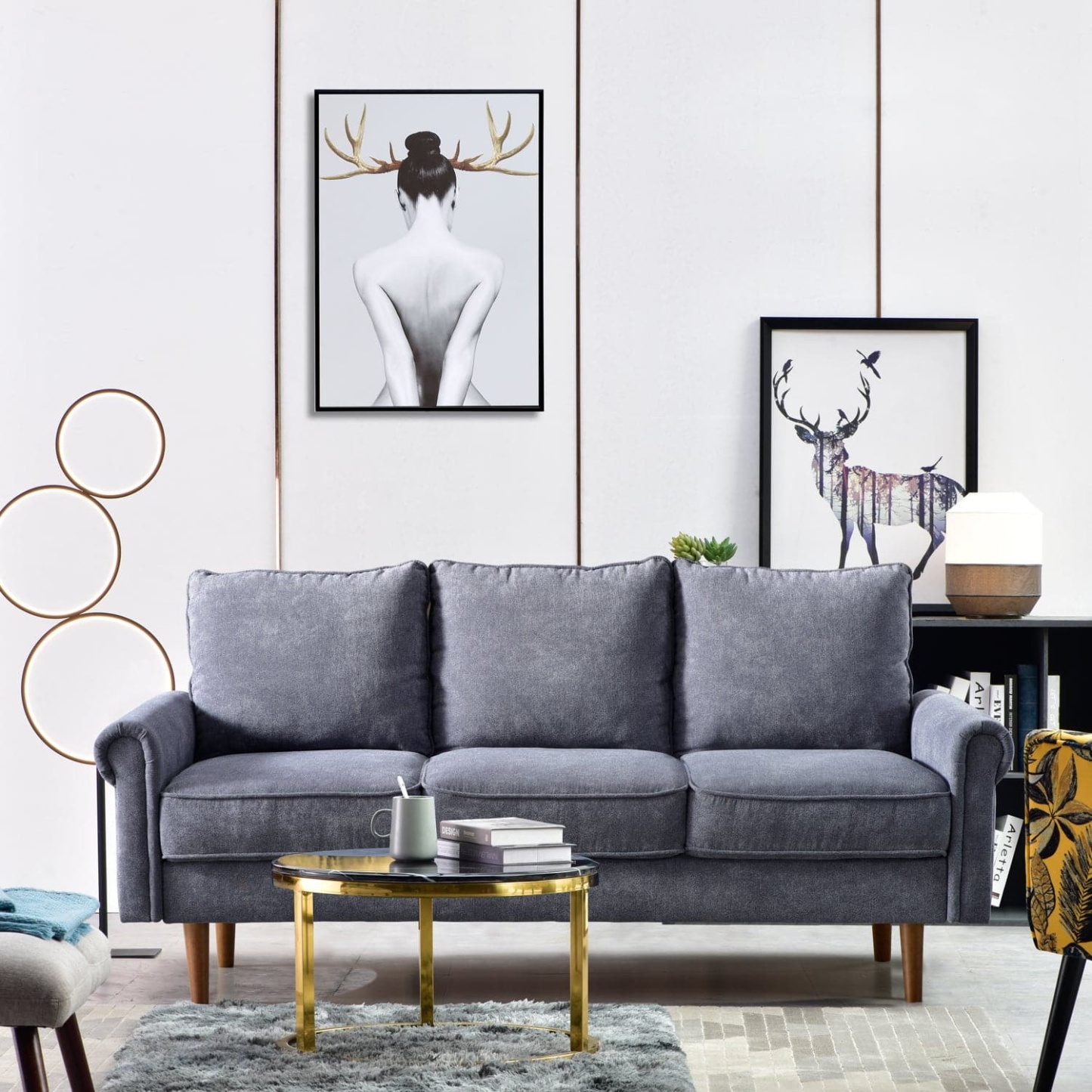 Living Room 73.6'' Wide Suede or Line Fabric Sofa, 6 Colors