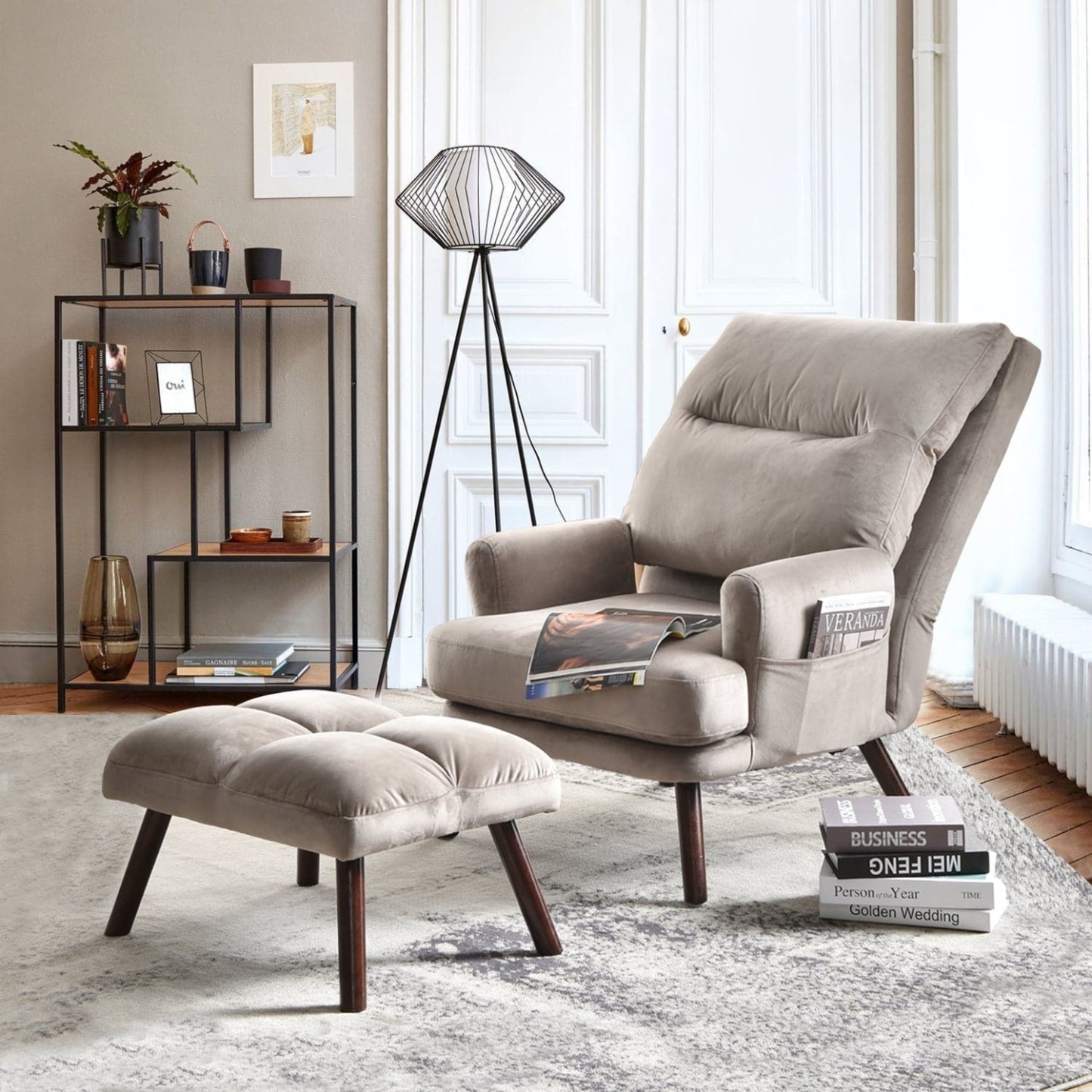 Living Room Accent Chair with Ottoman, 6 Angles Adjustable