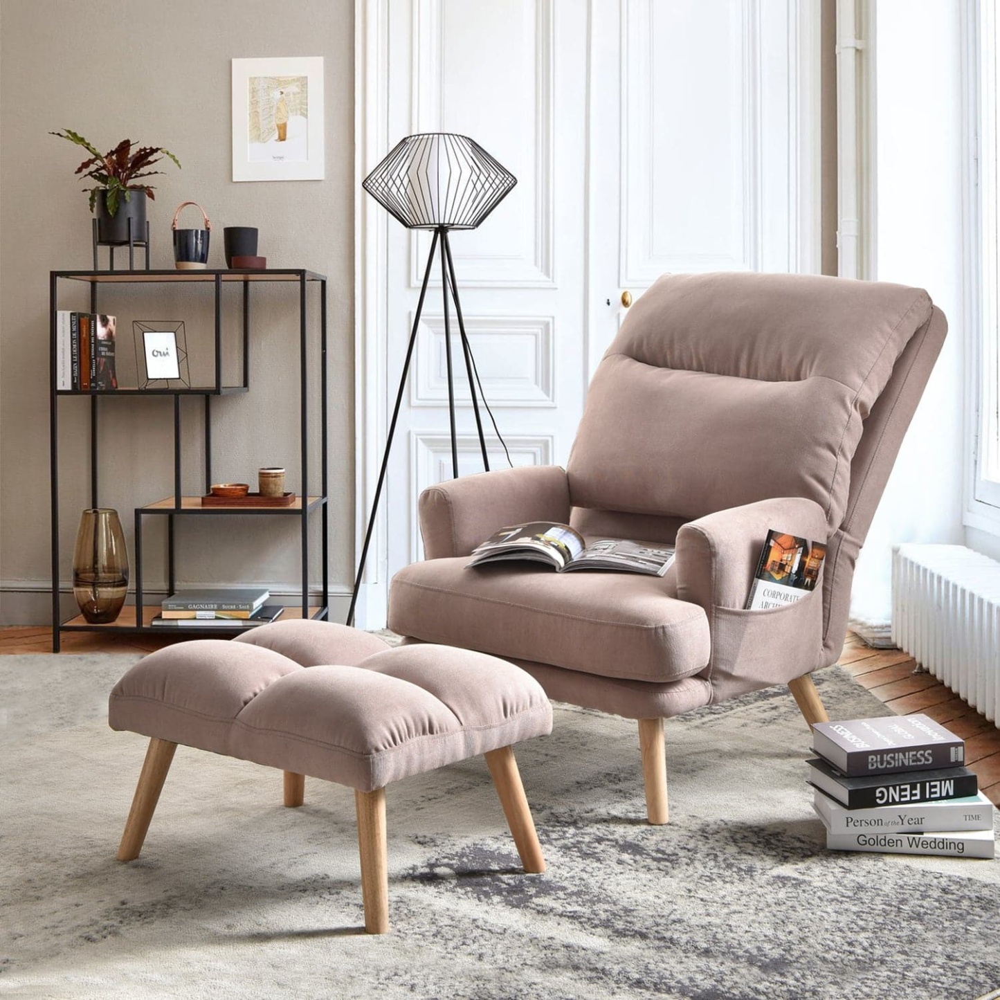 Living Room Accent Chair with Ottoman, 6 Angles Adjustable