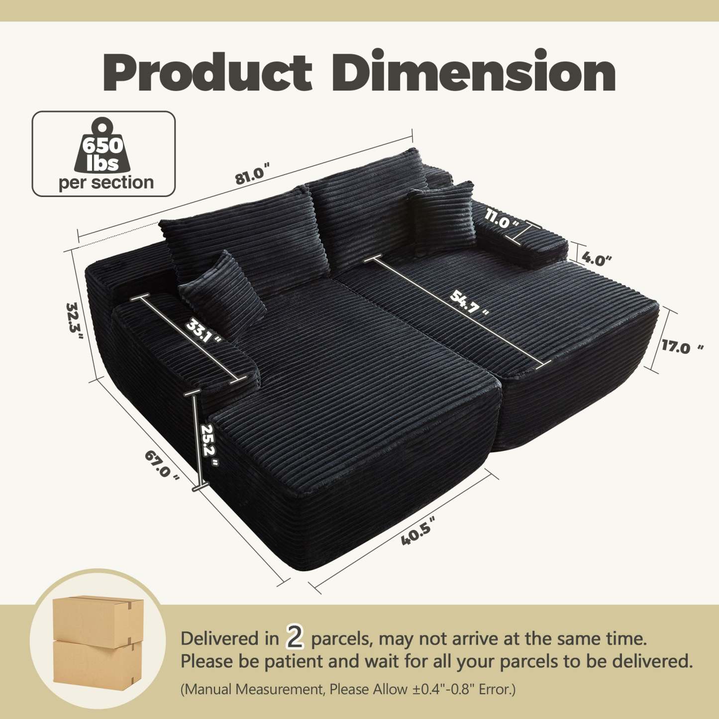 81" Boneless Sofa, Sleeper Couch, No Assembly Required