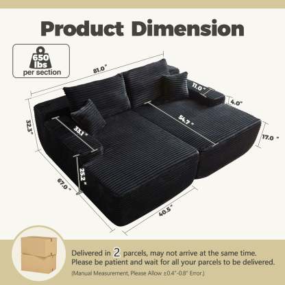 81" Boneless Sofa, Sleeper Couch, No Assembly Required