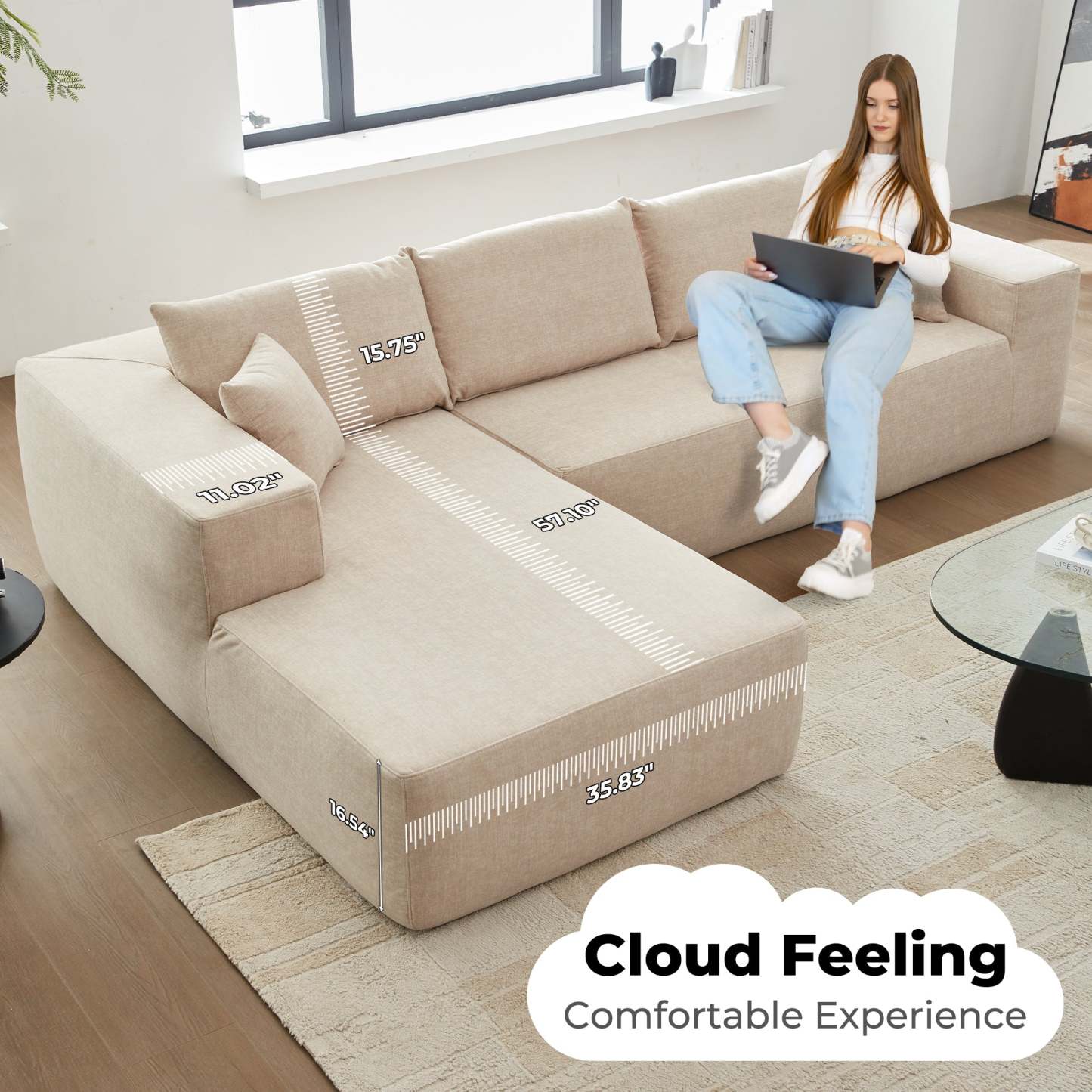 104" L-Shape Modular Couch with Chaise, Chenille Fabric, No Assembly Required