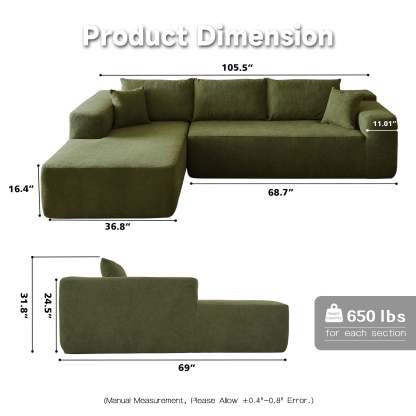 104" L-Shape Modular Couch with Chaise,Cloud Velvet Fabric,No Assembly Required