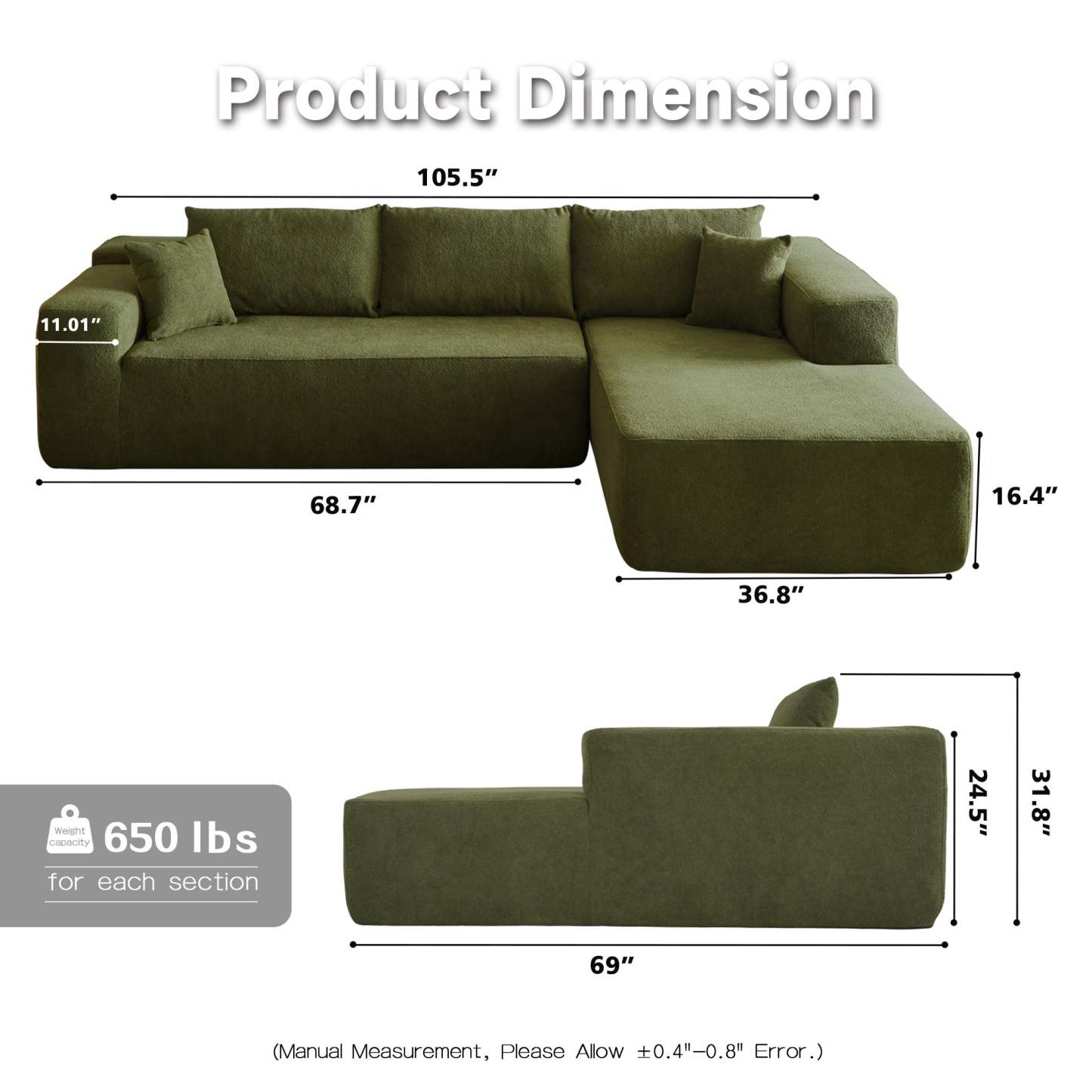 104" L-Shape Modular Couch with Chaise,Cloud Velvet Fabric,No Assembly Required