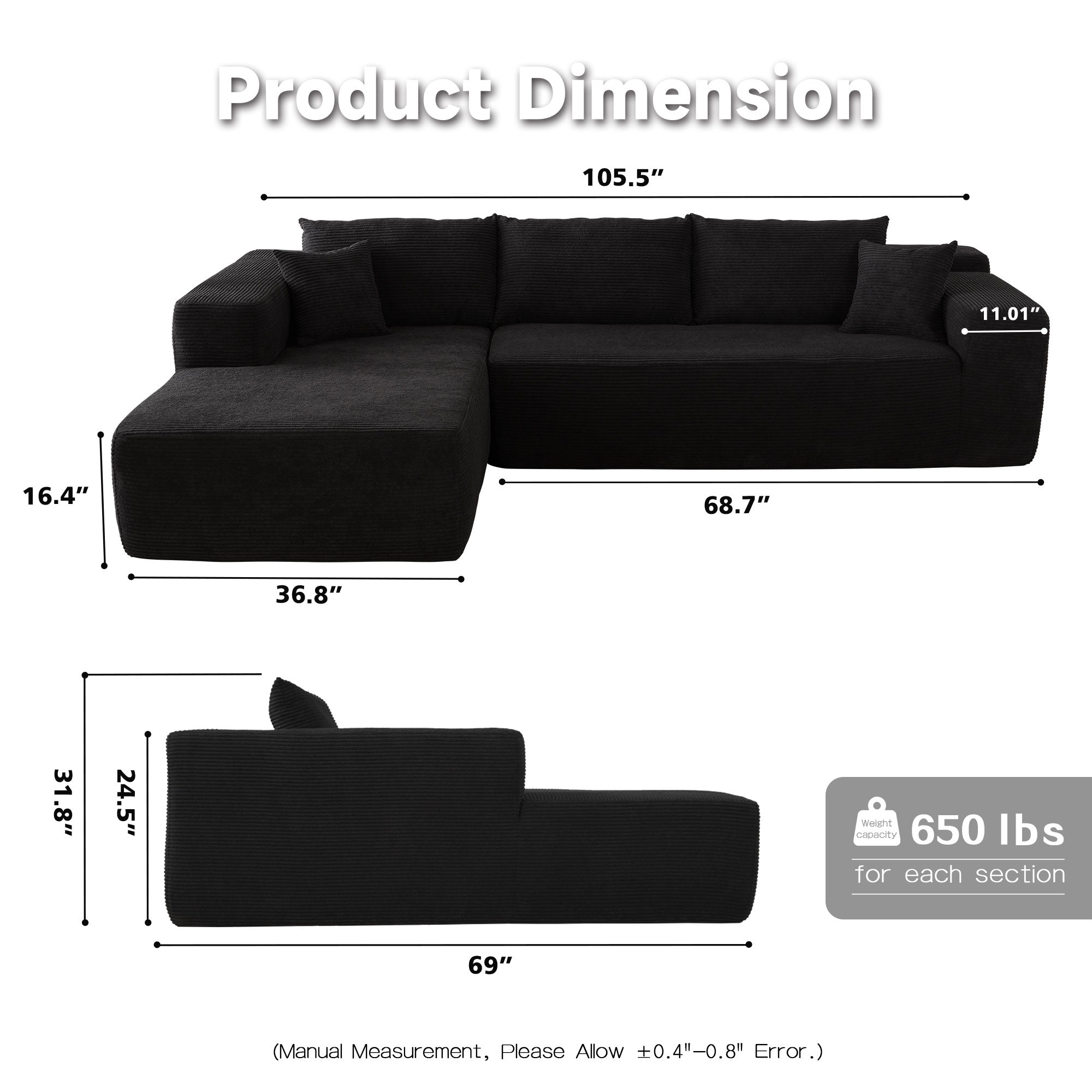 104" L-Shape Modular Couch with Chaise,Corduroy Fabric,No Assembly Required