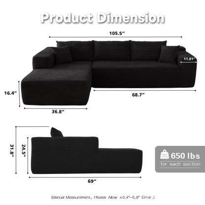 104" L-Shape Modular Couch with Chaise,Corduroy Fabric,No Assembly Required