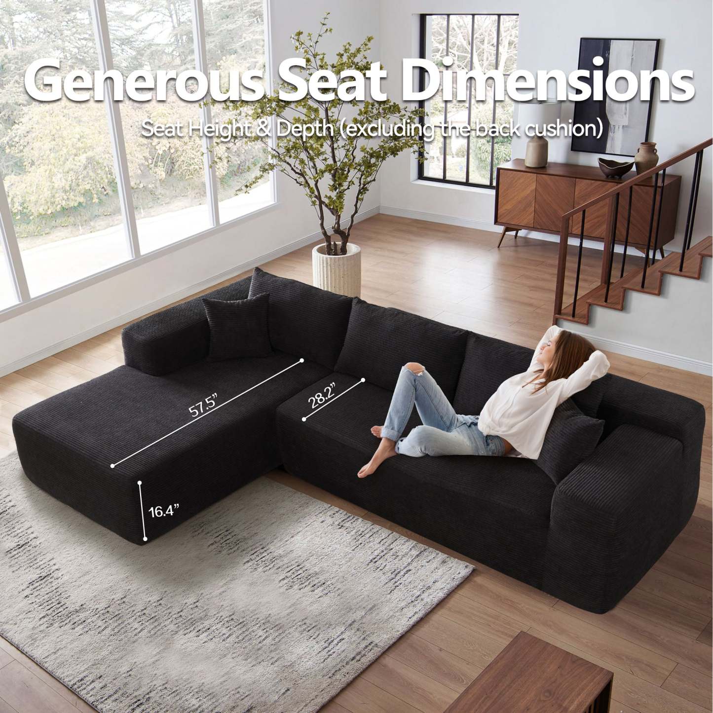 104" L-Shape Modular Couch with Chaise,Corduroy Fabric,No Assembly Required