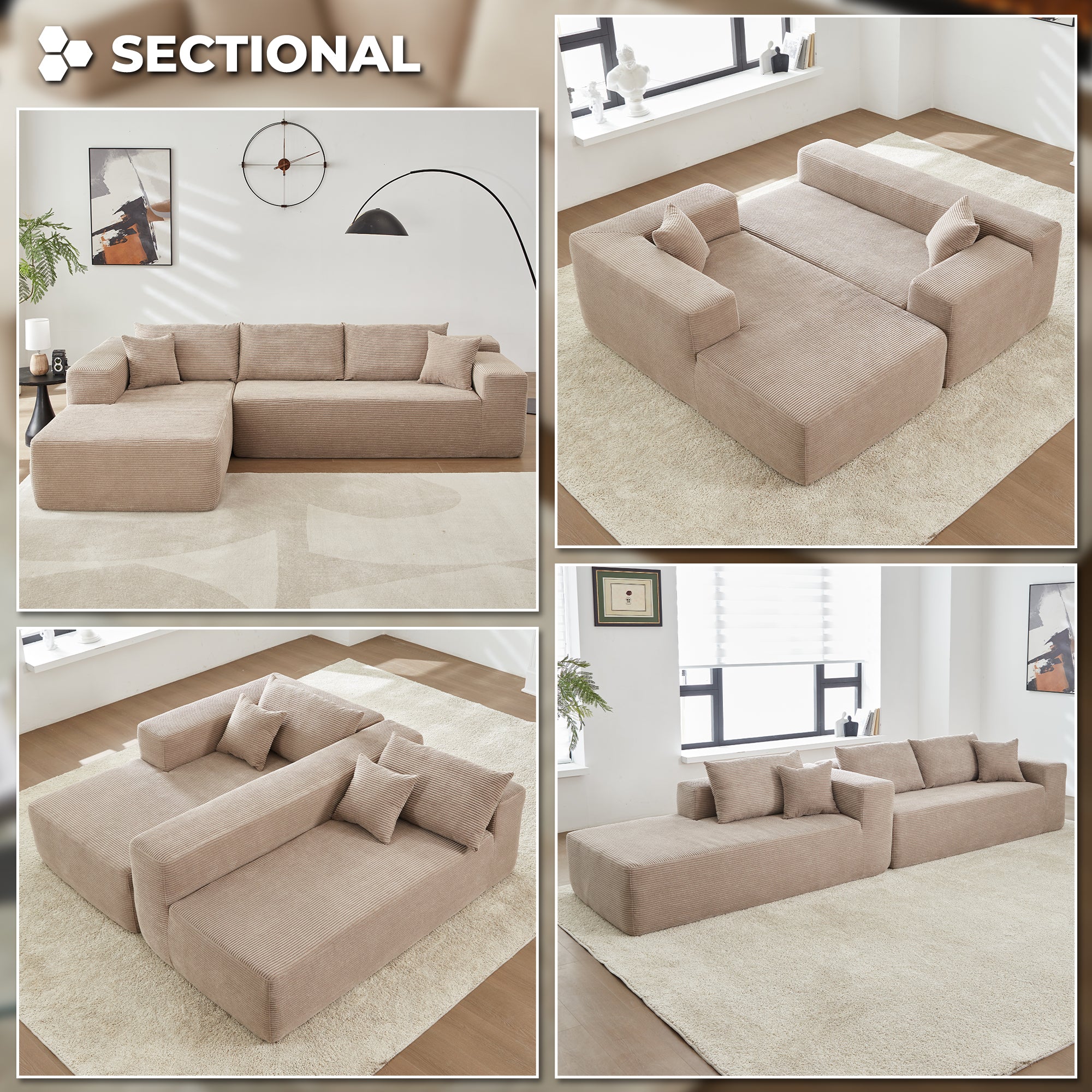 104" L-Shape Modular Couch with Chaise,Corduroy Fabric,No Assembly Required