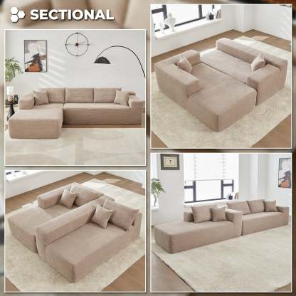 104" L-Shape Modular Couch with Chaise,Corduroy Fabric,No Assembly Required