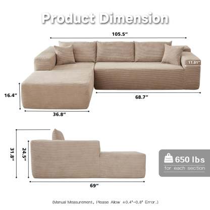 104" L-Shape Modular Couch with Chaise,Corduroy Fabric,No Assembly Required