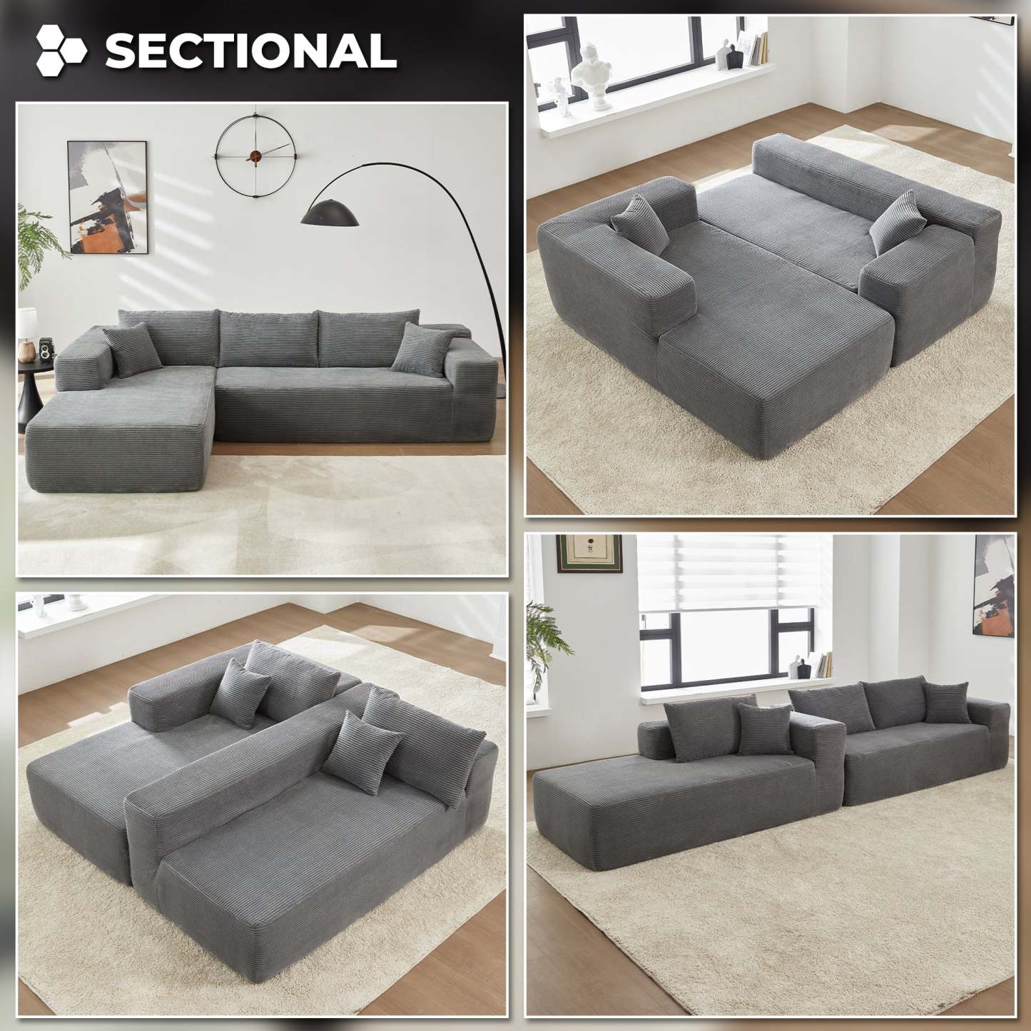 104" L-Shape Modular Couch with Chaise,Corduroy Fabric,No Assembly Required