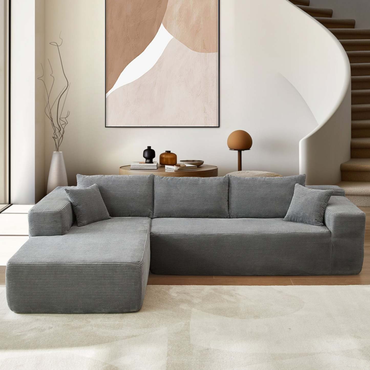 104" L-Shape Modular Couch with Chaise,Corduroy Fabric,No Assembly Required