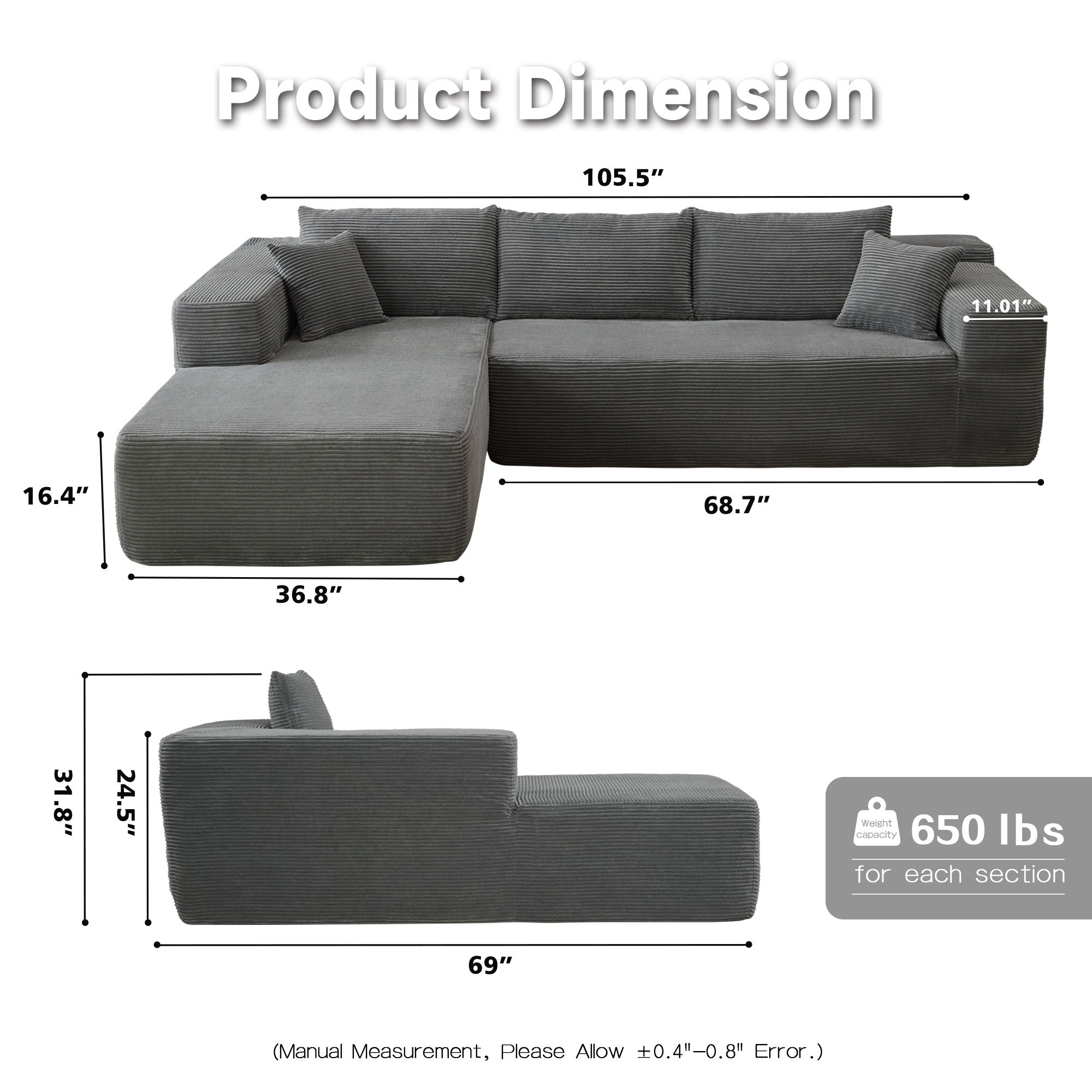 104" L-Shape Modular Couch with Chaise,Corduroy Fabric,No Assembly Required