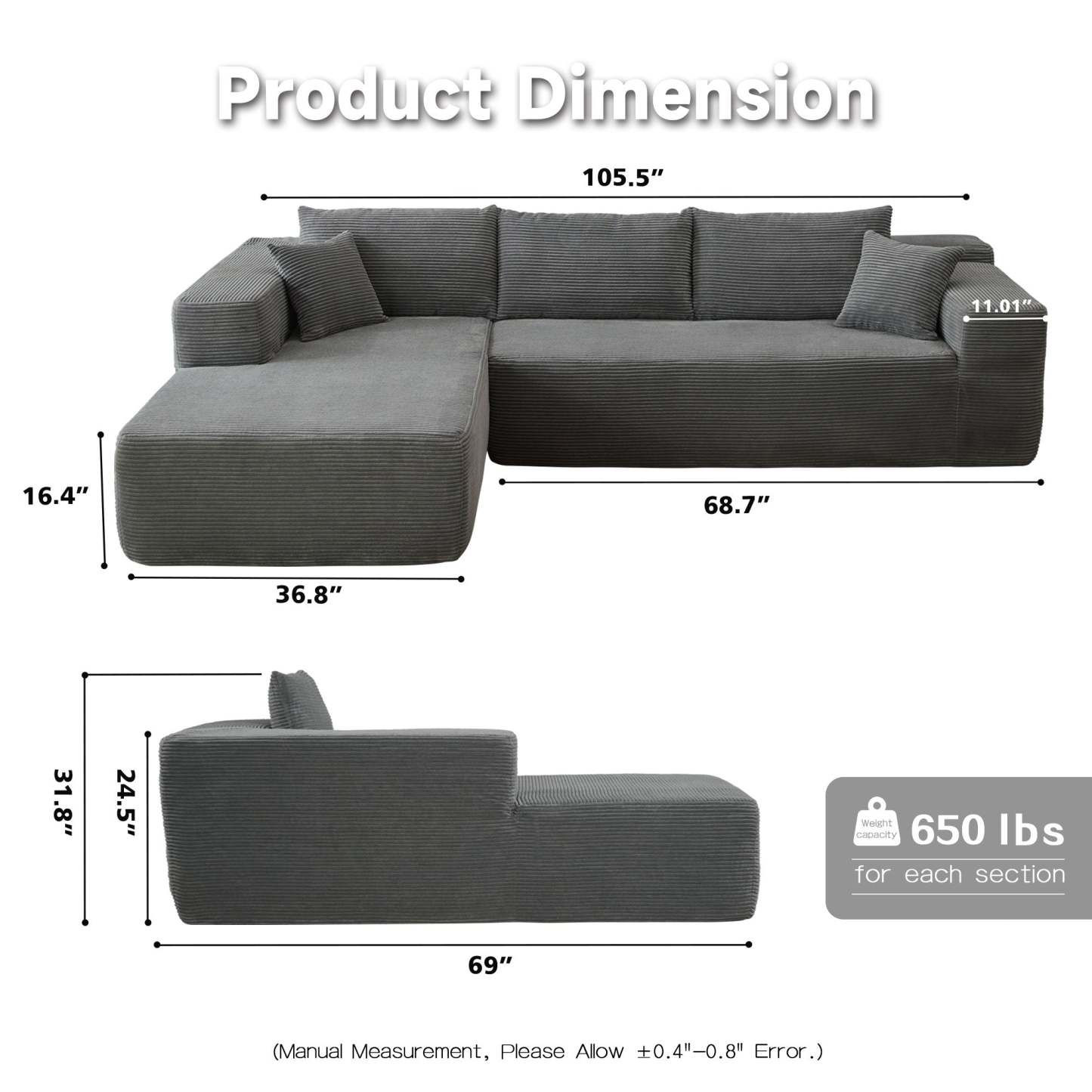 104" L-Shape Modular Couch with Chaise,Corduroy Fabric,No Assembly Required