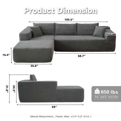104" L-Shape Modular Couch with Chaise,Corduroy Fabric,No Assembly Required