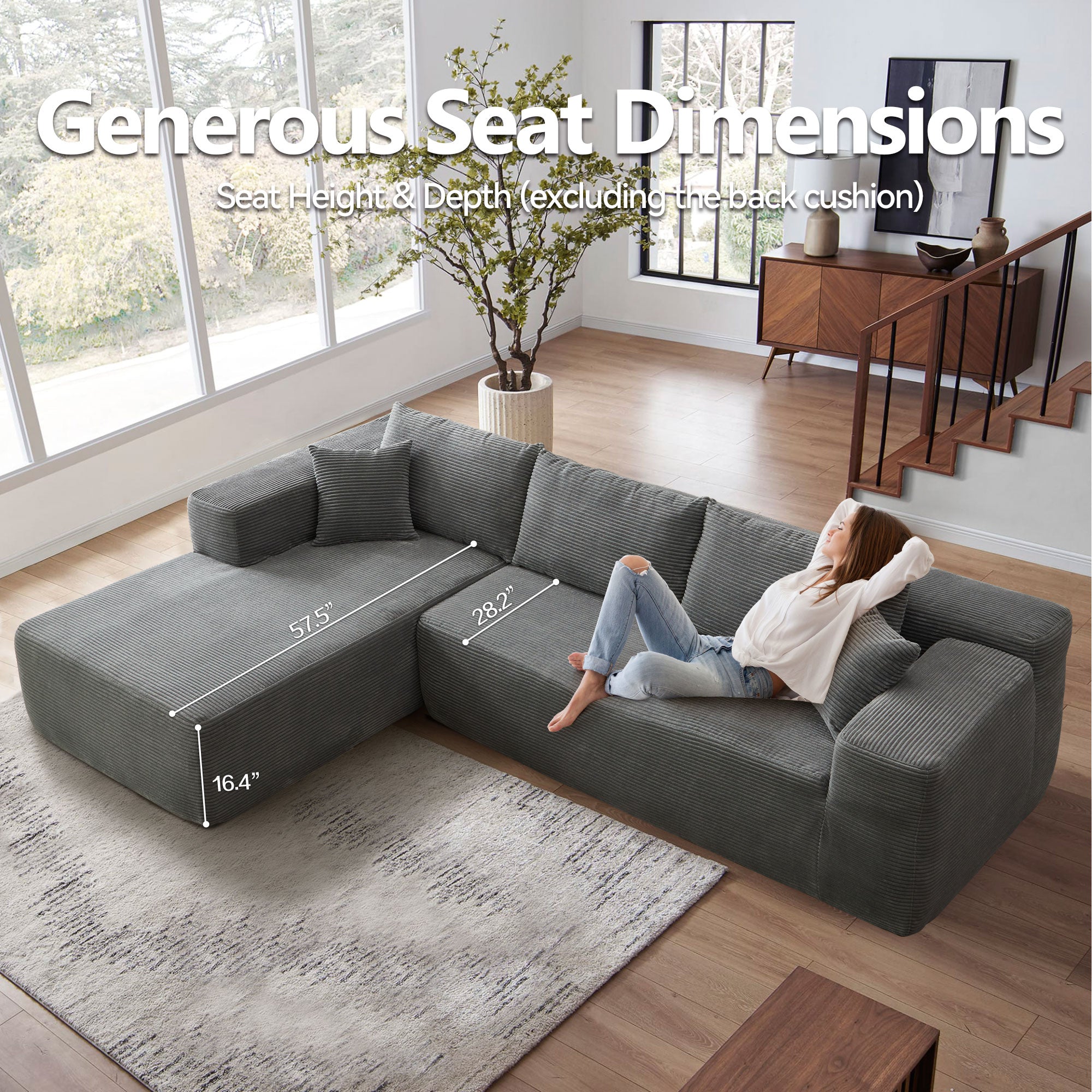 104" L-Shape Modular Couch with Chaise,Corduroy Fabric,No Assembly Required