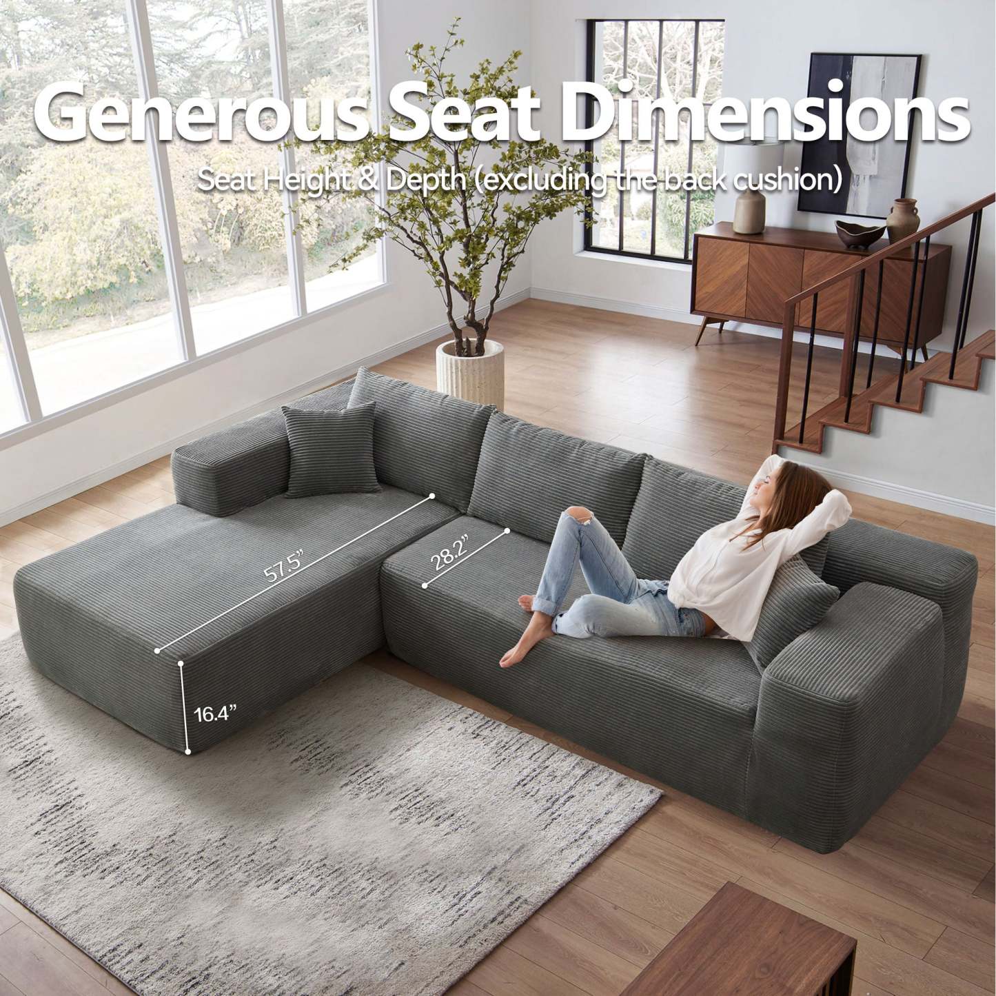 104" L-Shape Modular Couch with Chaise,Corduroy Fabric,No Assembly Required
