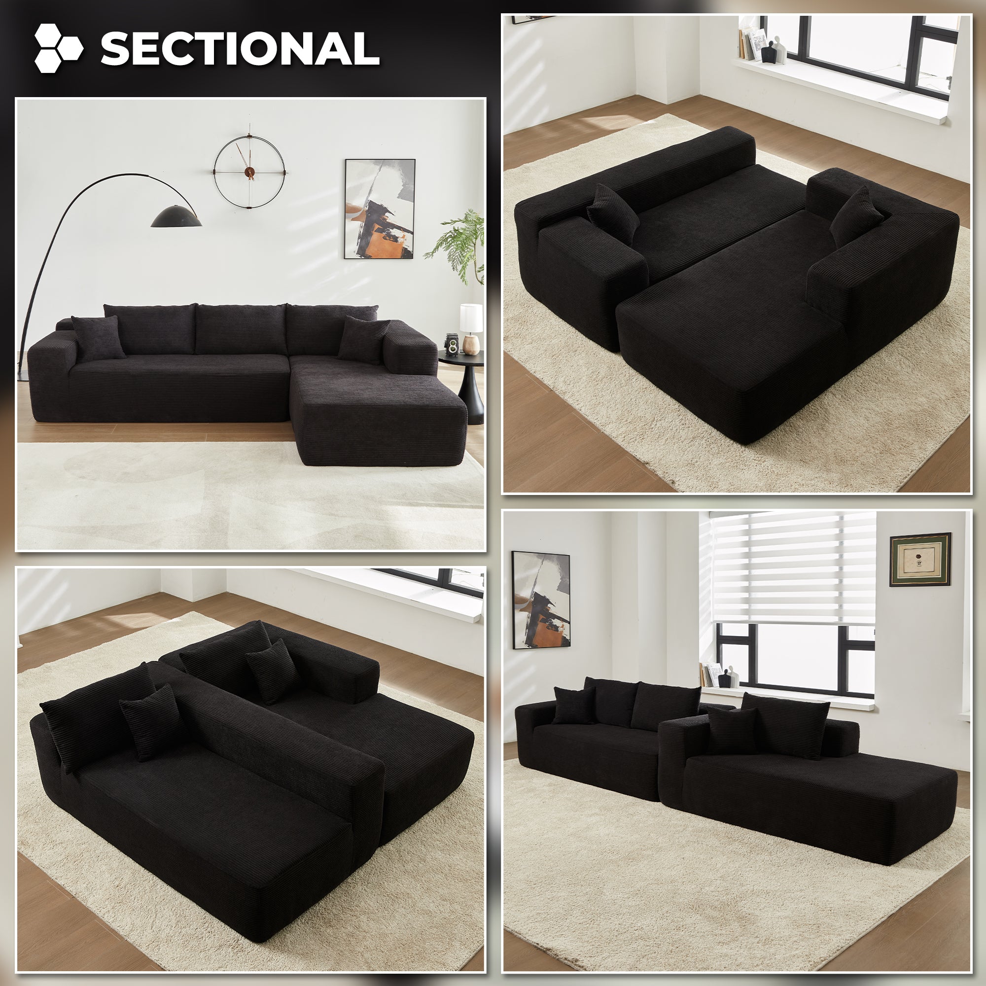 104" L-Shape Modular Couch with Chaise,Corduroy Fabric,No Assembly Required